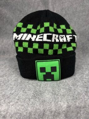 Official Minecraft Creeper Knit Beanie Green Black Checkerboard OSFM